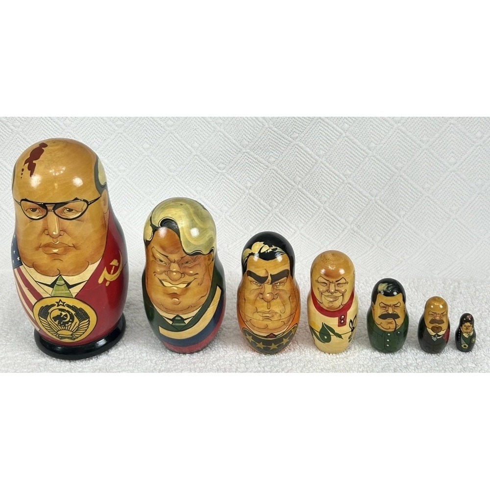 VTG Russian Soviet Presidents  Matryoshka Nesting Dolls Hand Painted RARE (7)